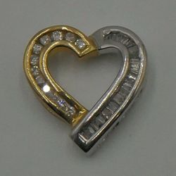 10KT YELLOW & WHITE GOLD HEART DIAMOND PENDANT 2.0G 12 ROUND DIAMONDS APPROX .20 CARATS, 22 BAGUETTES APPROX .30 CARATS, APPROX .50 CARATS TOTAL DIAMO