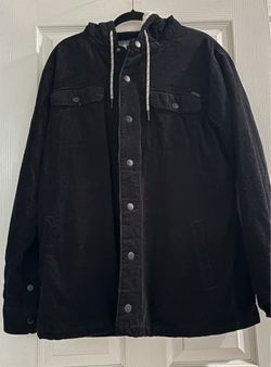 Black Hooded Corduroy Snap-Button Jacket(L)