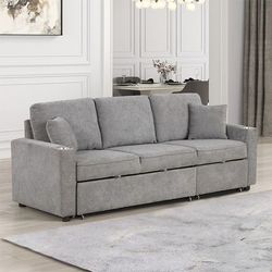 💎GRAY FABRIC SOFA SECTIONAL CHIASE PULL-OUT BED CUP HOLDERS💎