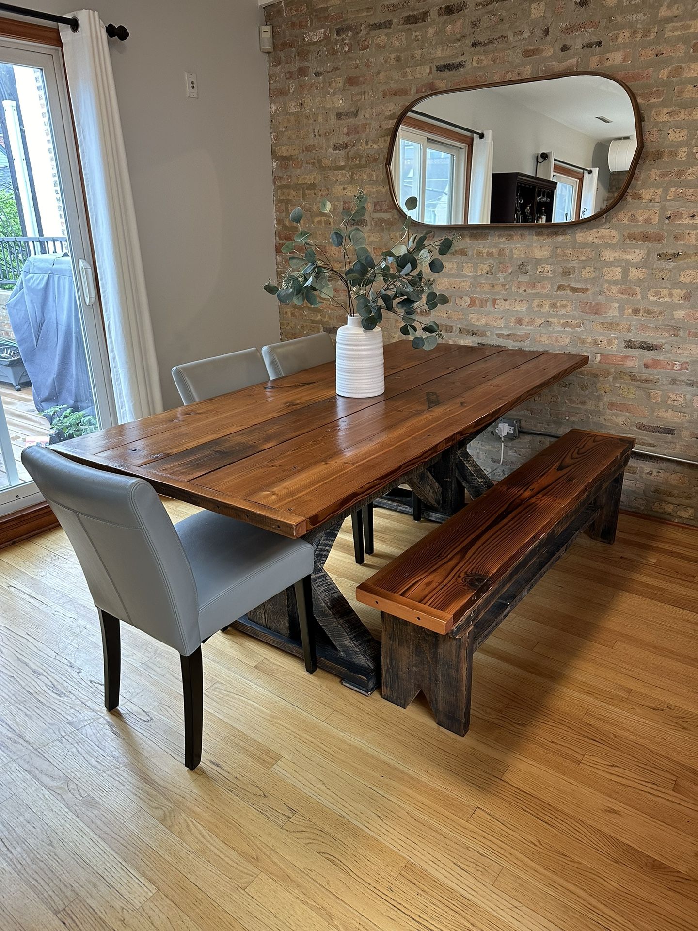7ft Hand Crafted Wood Dining Table & Bench