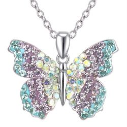 Crystal Collective Silver Plated Iridescent Butterfly Pendant Necklace Valentines Day   Decorated with vibrant crystals, this silver-plated butterfly 