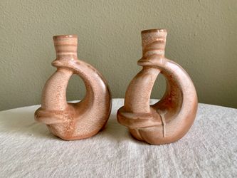 Pair Vintage Frankoma Pottery 305 5.5" Candlestick Candle Holder Putty Color