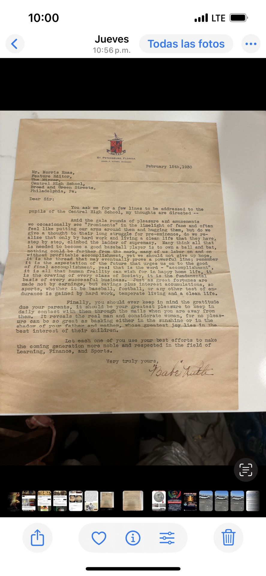Babe Ruth Letter From 1930 Signed