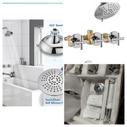 3 Handles Tub Shower faucet set with Tub Spout Wall Mount 5-setting 6 Inch Round Shower Head Bathtub Filler Bathroom Tub and Shower Trim Kit with Bras