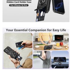 SAMONPOW Cell Phone Case for iPhone 16 Pro Black Wallet, Card Holder, 360° Magnetic Ring Stand, Heavy Duty, Dual Layer, Protective, Shockproof, New