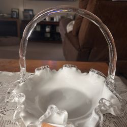 Fenton Glass Silver Crest 8” Basket with Ruffled Crimped Rim
