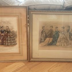 X2 Antique Framed French Colored Lithographs