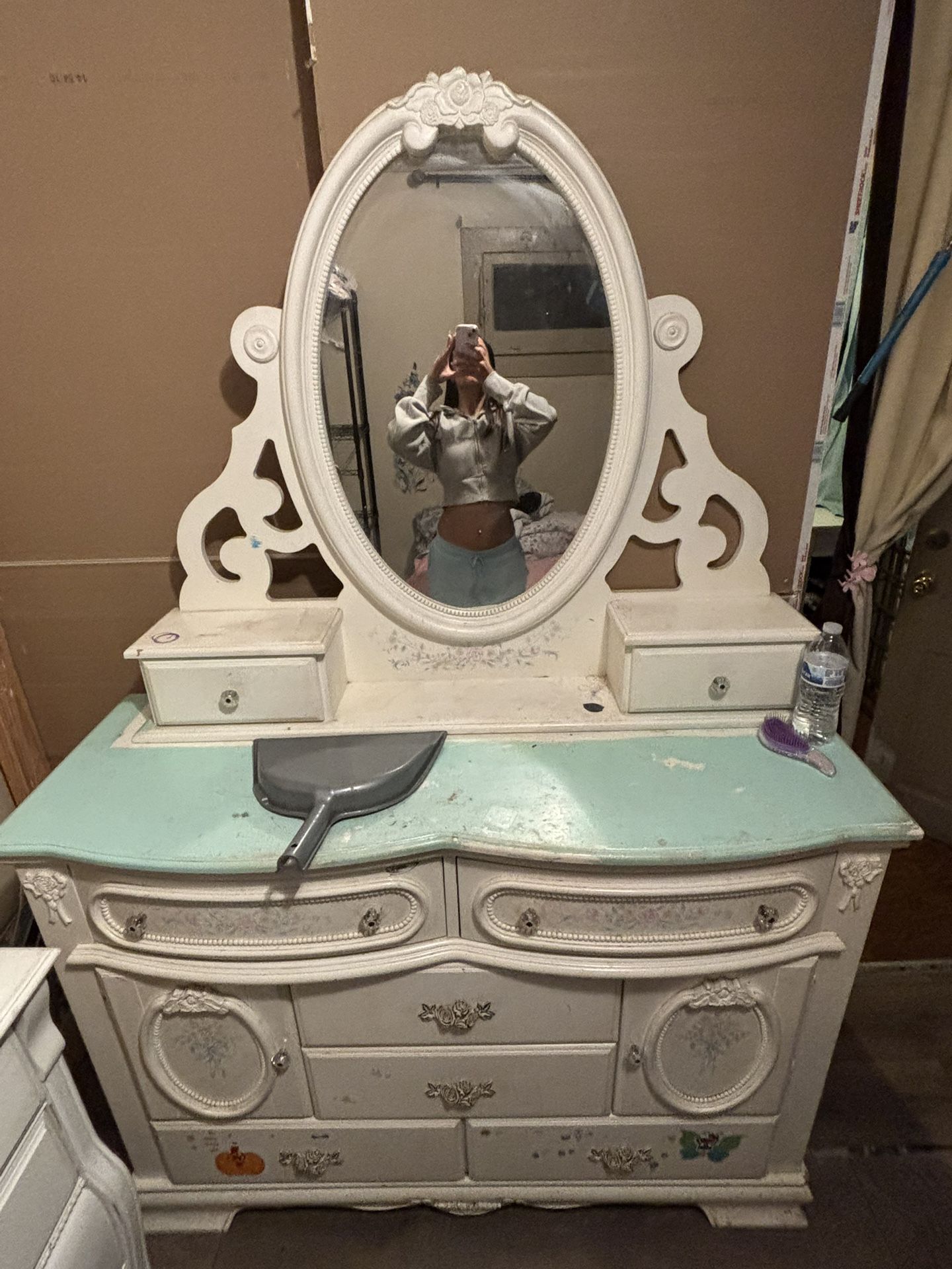 white & blue with floral designs dresser/vanity with mirror
