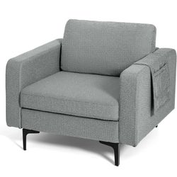 Giantex Single Sofa, Accent Chair, Leisure Chair w/Comfy Thick Cushion, Armrest Magazine Pockets, Metal Legs, Living Room Upholstered Armchair for Bed