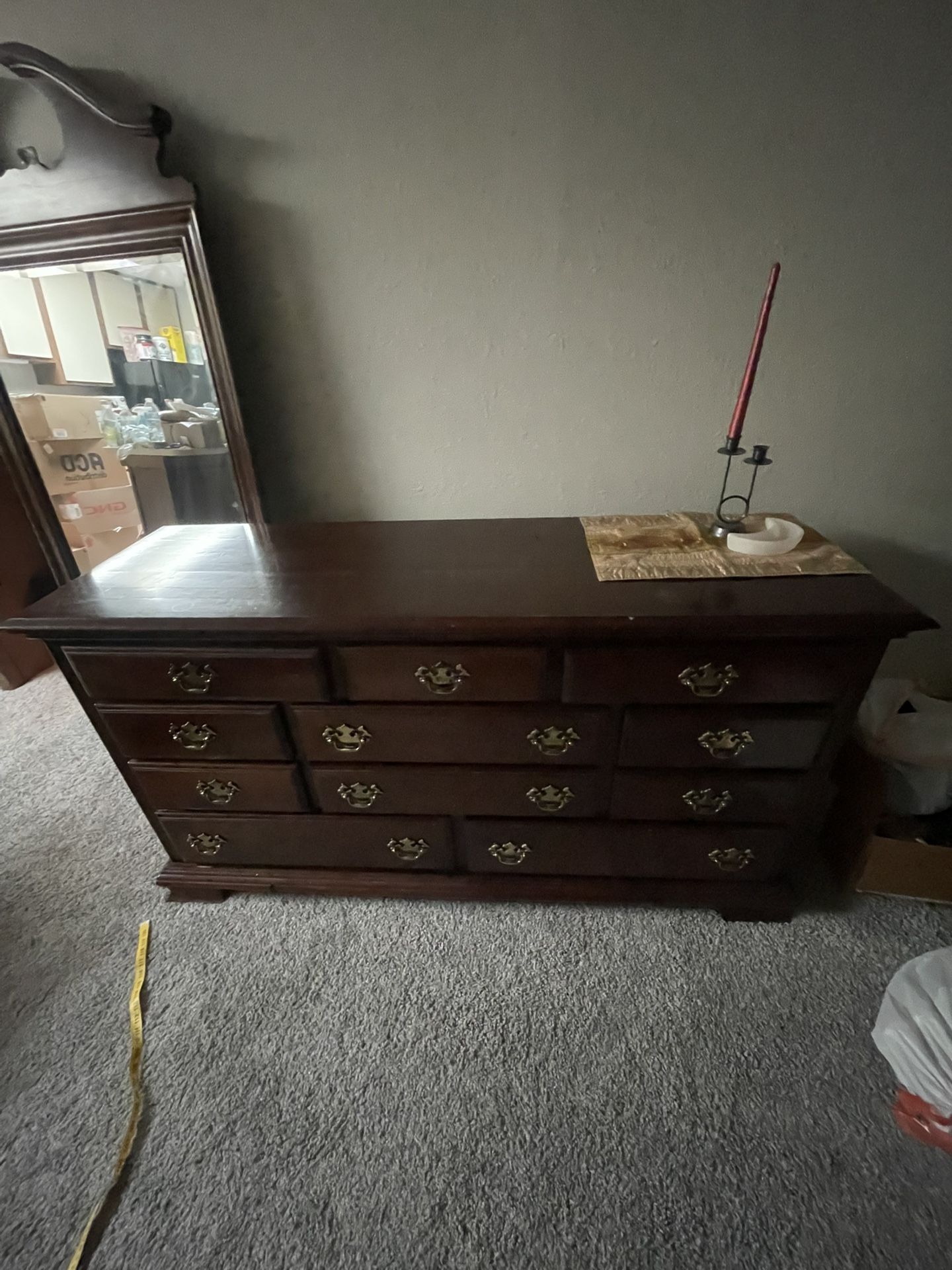 Vintage Dark Wood Dresser With Mirror