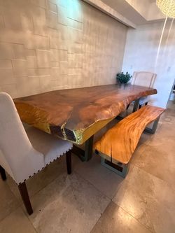 Live Edge Wood Slab Dining Table with Bench