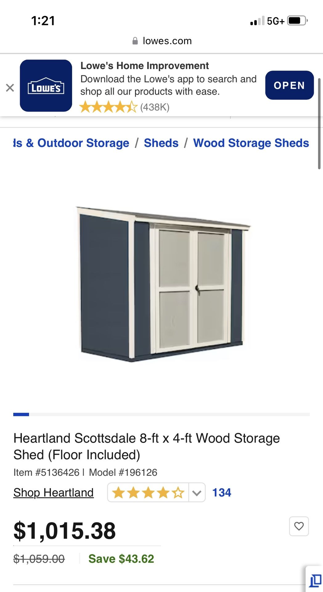 8ft x  4ft Lowe’s Heartland Scottsdale Wooden Shed