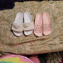 Puma and Juicy Cature Pool Slides, Flip Flops,  Shoes Size 8, Pink And White,  Fuzzy And bling