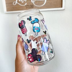 Disney MICKEY And Friends Glass Cup Mickey Minnie Donald Daisy Ice Cream Pops Popsicles Can Glass Libbey 16oz Cute Iced Coffee Cup⁹