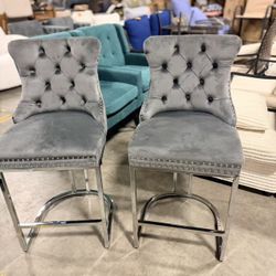 24" Counter Height Bar Stools Set of 2, Velvet, gray 