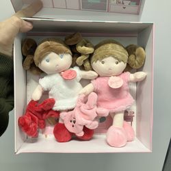 New Jolijou Paris Set of 2 Twin Plush Dolls with Teddy Bear