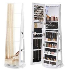 6 LEDs Lockable Mirror Jewelry Cabinet, 360° Swivel Jewelry Organizer Armoire Standing, Frameless Full-Length Mirror, 3 Storage Shelves, White Surface