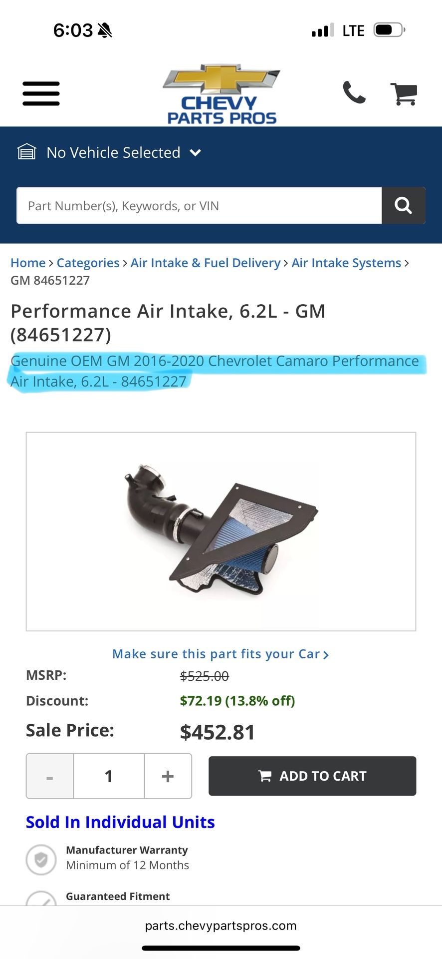 Cold Air Intake, Camaro SS 6th Gen