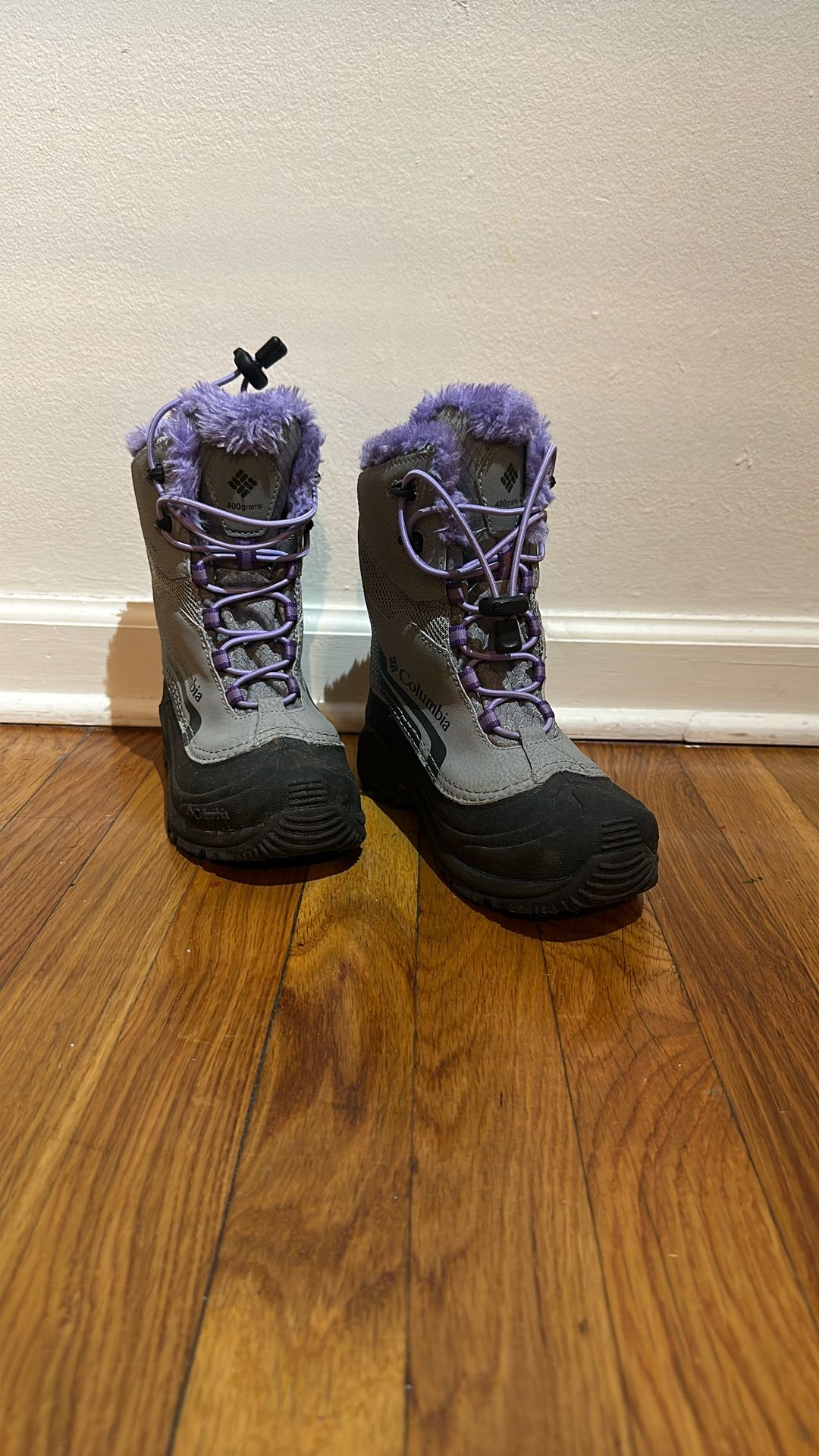 Columbia Bugaboot Girls 2 Gray Purple Snow Boots Faux Fur Waterproof Omni-Heat