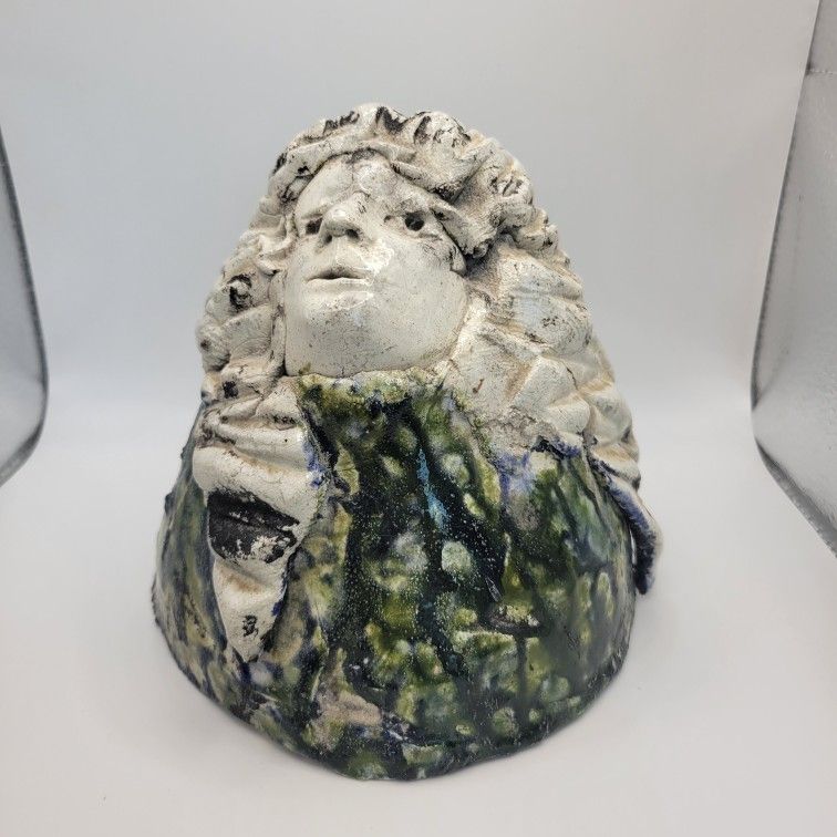 Vintage 1976 Signed M Sundry Raku Pottery Sculpture Abstract Face Green Glaze 6"