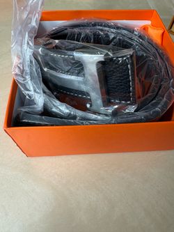 Hermès Black Leather Solid Belt, Silver Buckle, Includes Orange Hermès Box