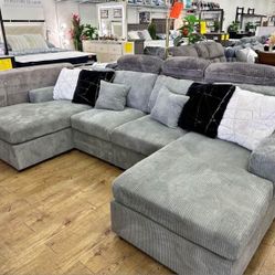 Sectional Sofa With Double Chaise, Grey, Black Corduroy Brand New