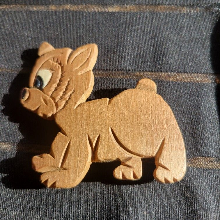 Vintage Handcarved Wooden Folk Art Dog Brooch Pin 2.5"