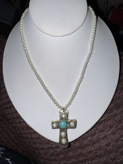 Vintage Memory Lane Southwestern Style Turquoise and Pearl Cross Necklace, 11.6g