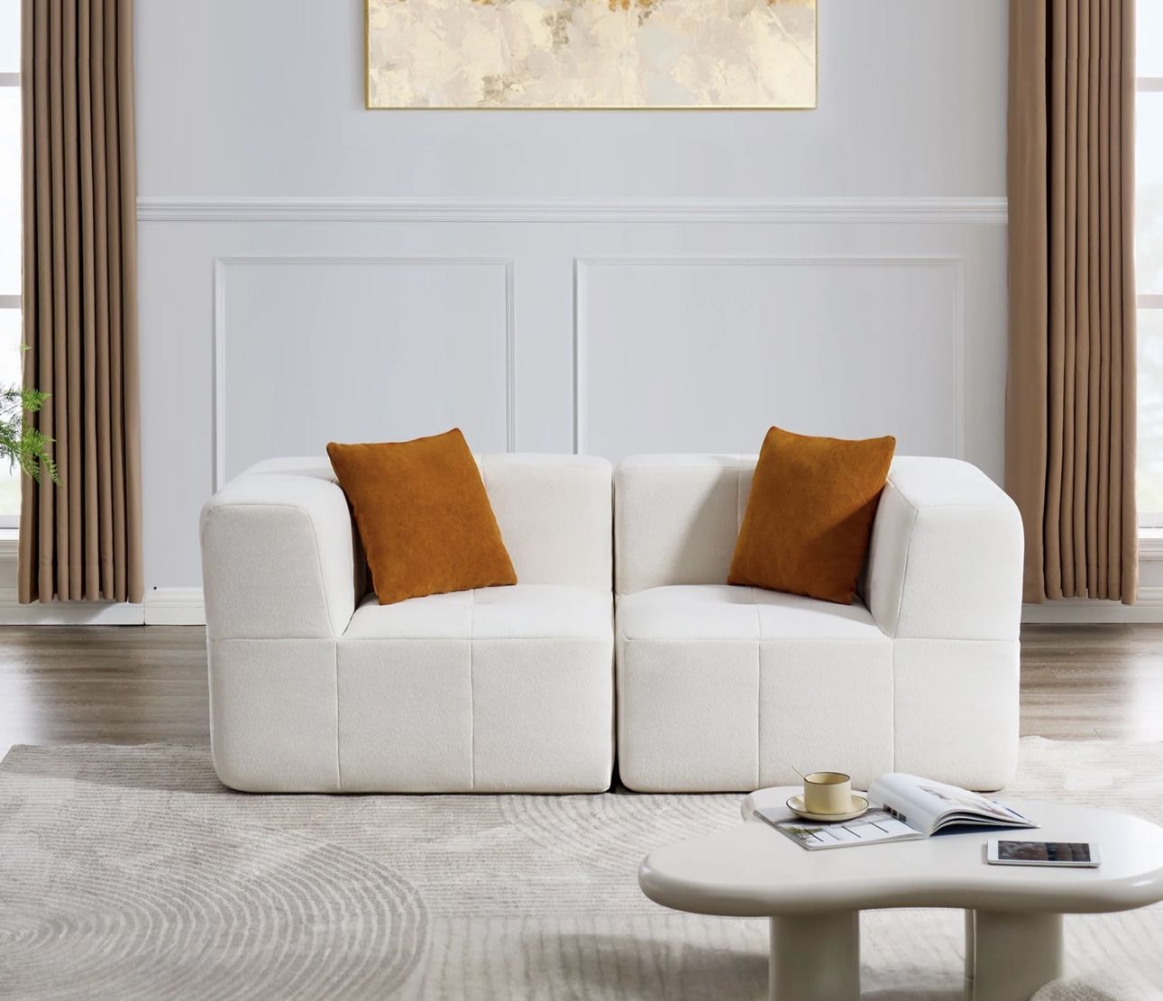 HL0128 73.62" Modern Loveseat Sofa, Loveseat Couch with 2 Throw Pillows, Modern Upholstered Tufted Couches, White Sofa for Living Room, Office, Bedroo