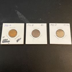 Three Semi-key Date Lincoln Cent Coins 