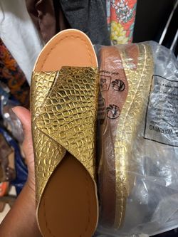Gold Croc-Embossed Slide Sandals