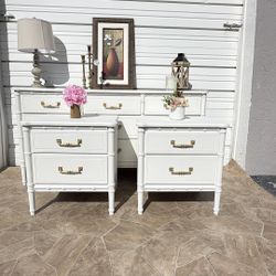 White Bamboo Dresser and Matching Nightstands