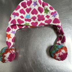 Gap Kids Pink and White Heart and Stars Pattern Pom Pom Beanie Size L/XL - VGUC