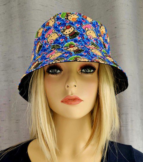 HELLO KITTY HAWAIIN TROPICAL FLOWERS BLUE BUCKET CAP HAT