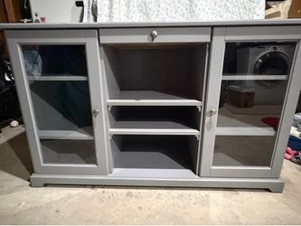 Grey TV Stand / Media Console with Glass Doors – Excellent Condition
