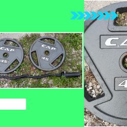Set Of Two CAP Barbell 45-Pound Olympic Grip  Weight Plates And EX Curl Bar 