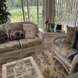 Pier 1 Imports, white wicker loveseat, two chairs, table