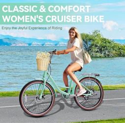 24" Beach Cruisers for Women, NEORIVER Bikes for Women with Rattan Basket, 7-Speed & Step-Through Fr