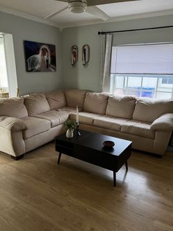 Beige Fabric L-Shaped Sectional Sofa with pull out queen bed