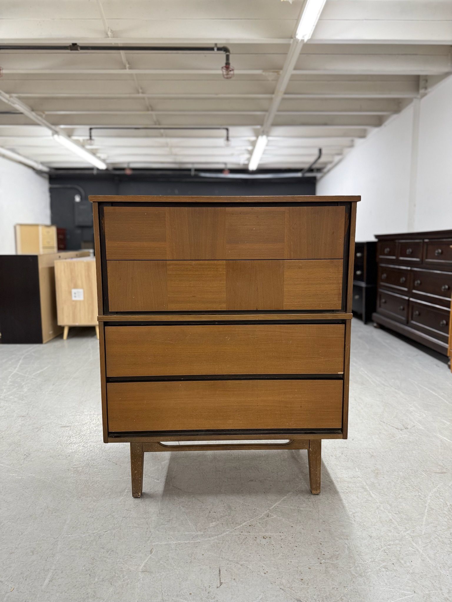 Genuine Walnut Mid Century Modern Solid Wood 4 Drawer Chest / Dresser