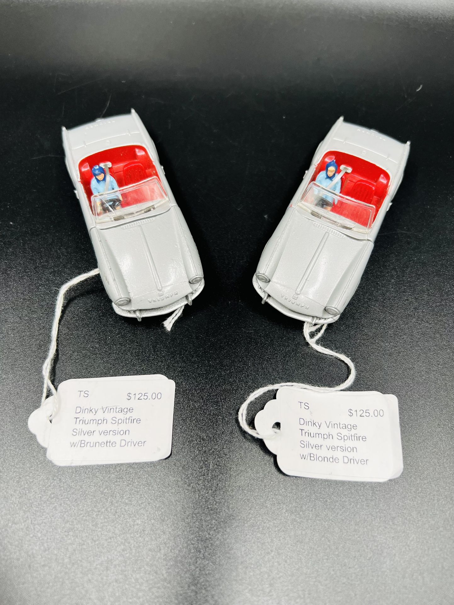 2 Vintage Dinky Toys Mint Triumph Spitfire Silver Metallic 1 Blonde 1 Brunette