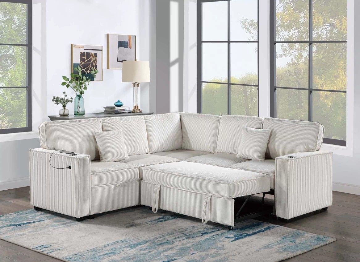 Brand New Beige Corduroy Sectional Sofa Storage Sleeper