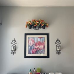 Wall Decor ,2 Candle Holders And Candle ,28x28”flower Picture ,4 Pots With Flowers 