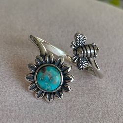 Flower & Bee 🌸🐝 Blue Stone 925 Sterling Silver Ring  Size 8 - 81/2