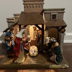 Hand Painted Porcelain Nativity 10 Piece Set With Light Up Barn