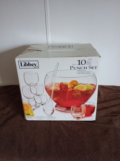 Libbey Selene Glass Punch Bowl 10 Piece Serving Set (Bowl,Plastic Ladle,8 Cups)