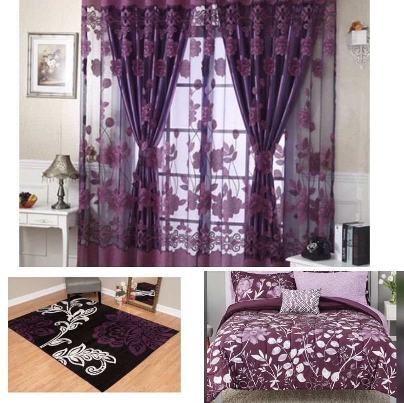 Selling my queen bedding set 8 pcs, curtains and rug in excellent condition rug is 7’10 X 10’10