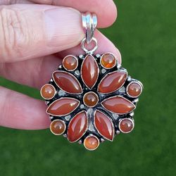 Natural Genuine Carnelian Sterling Silver 2” Gemstone Pendant