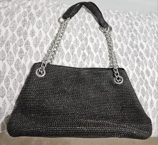 Black With Silver Sparkle Metal Chain Handbag