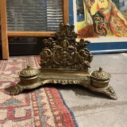 Antique Brass Inkwell with Cherubs + Scrolls